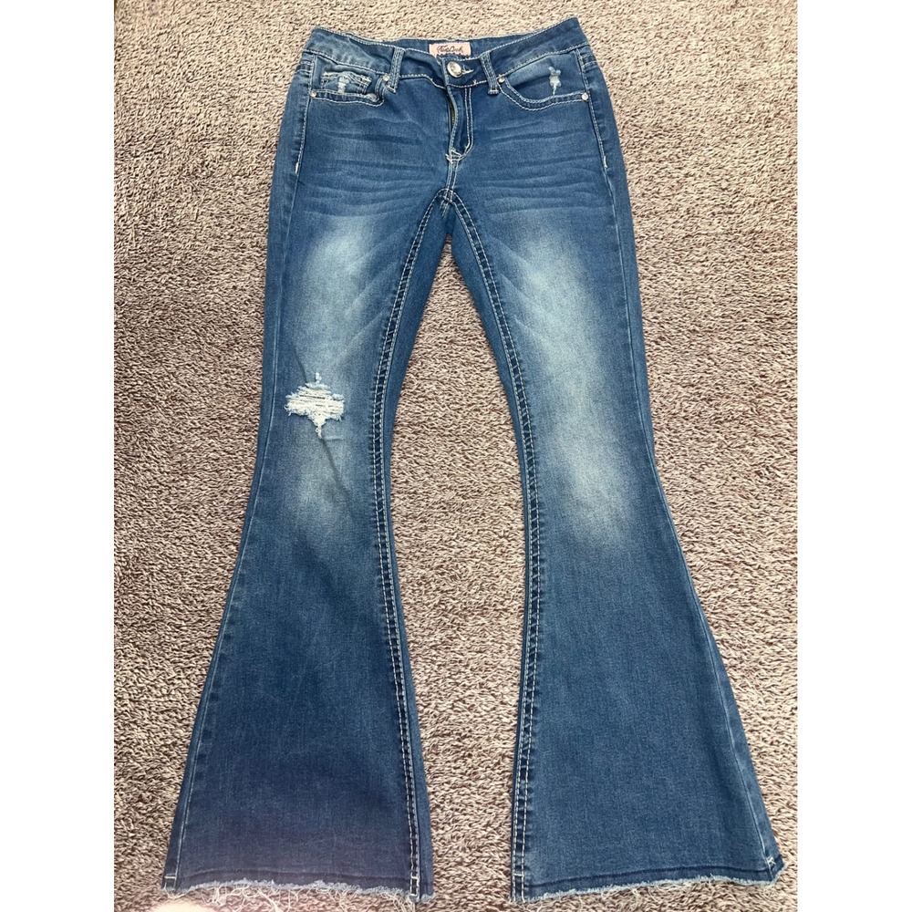 True Luck Womens 5/6 Y2K Flare Jeans Embroidered Rhinestone Western Distressed